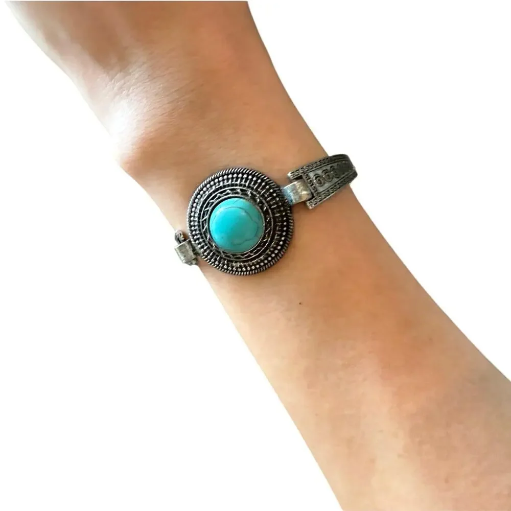 Native American Navajo Bracelet Silver Tone Turquoise 7" Cuff Round Center 1" - Picture 1 of 5